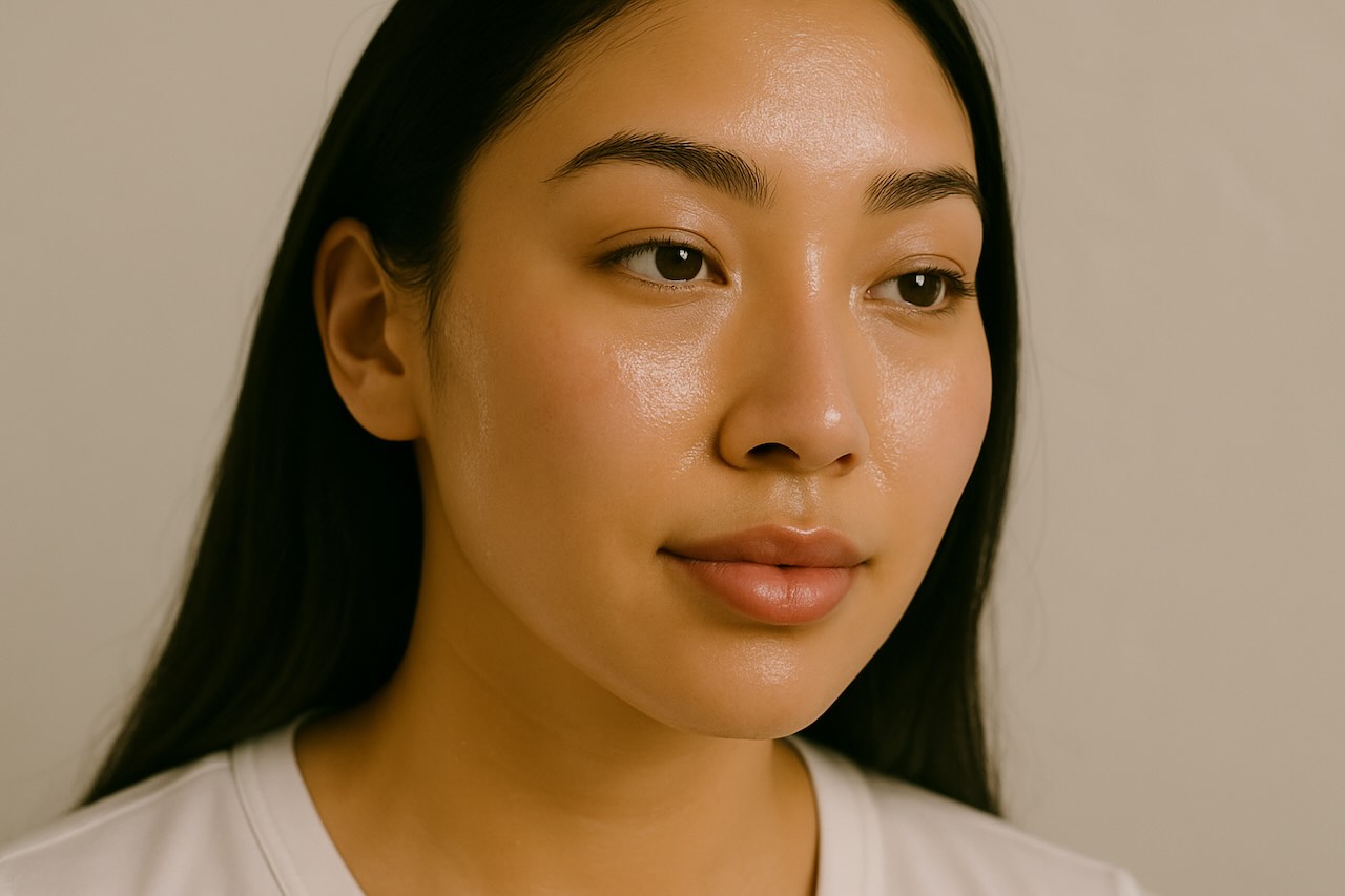 Close-up of a young woman with smooth, glowing, dewy skin after skincare routine