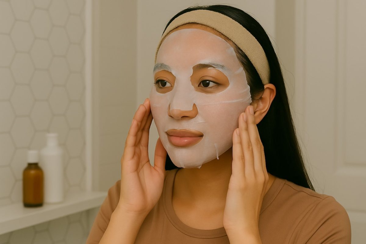 Woman applying a hydrating sheet mask for dewy, refreshed skin in a bathroom setting