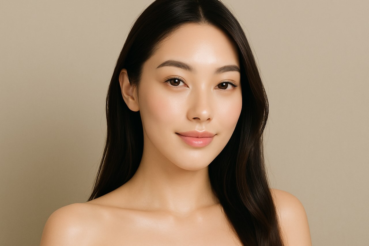 Close-up of an attractive young Asian woman with flawless, fair skin, smiling softly