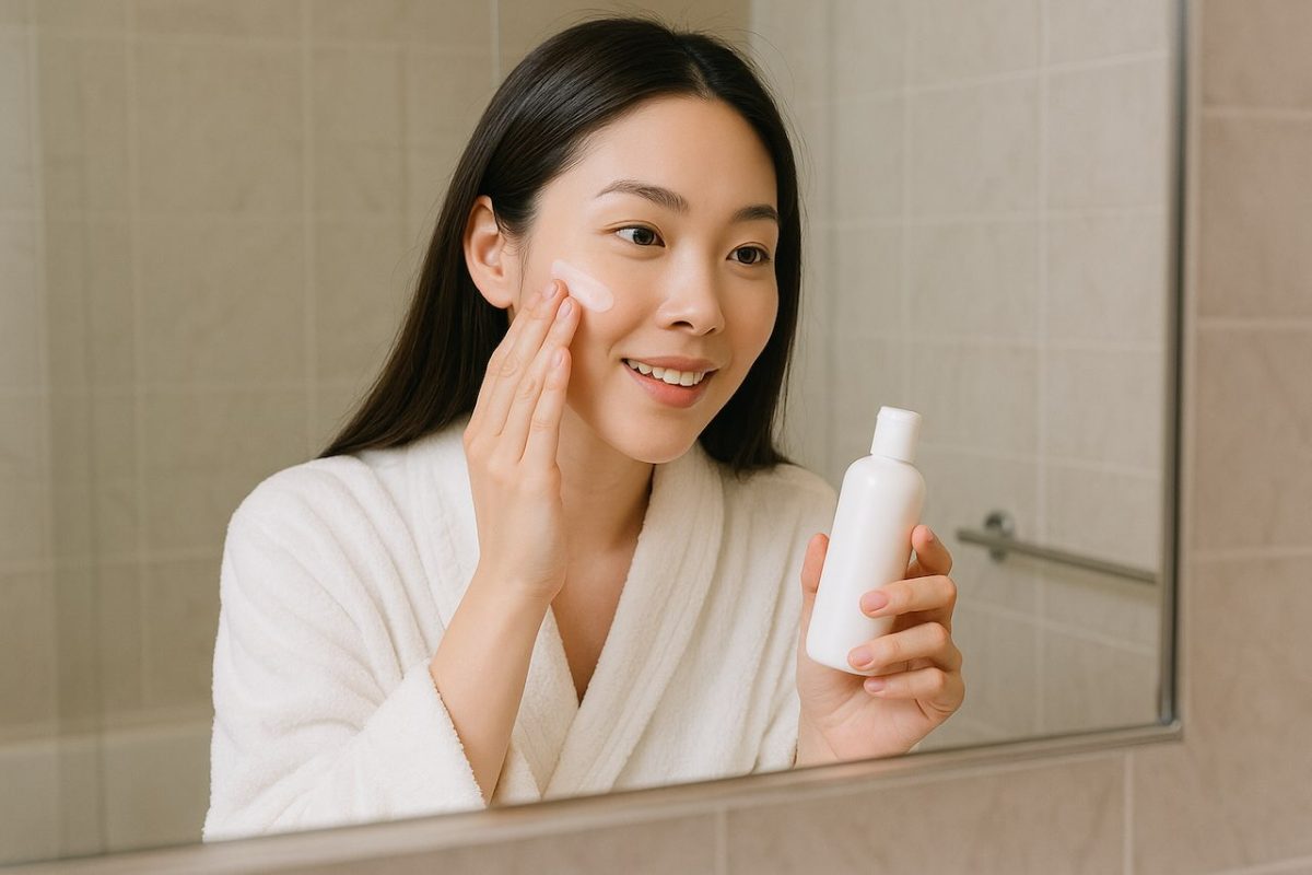 Young Asian woman with fair skin applying cream to her face in a bathroom mirror while wearing a white robe