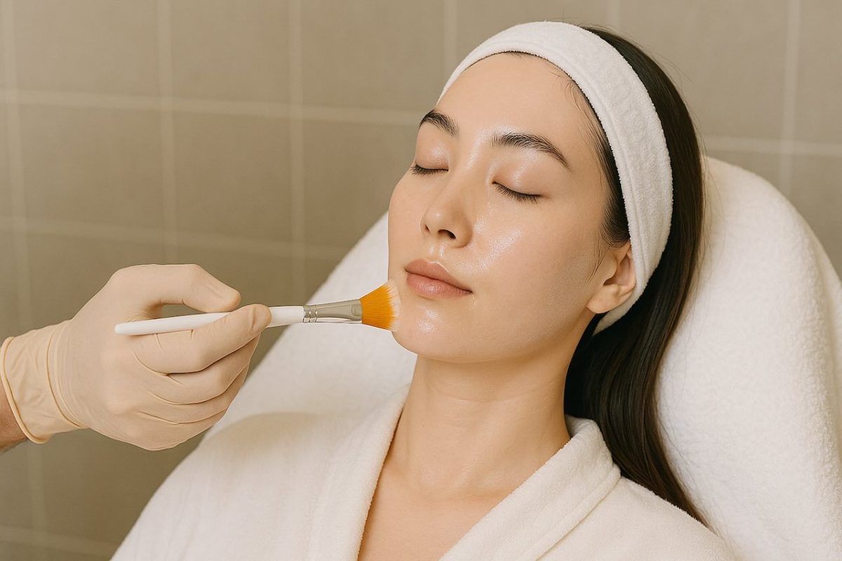 Asian woman receiving a professional chemical peel treatment for fair skin at dermatology clinic