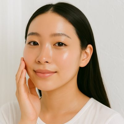 Wanita Asia muda dengan kulit kaca berseri tersenyum dan menyentuh pipinya dalam suasana putih lembut