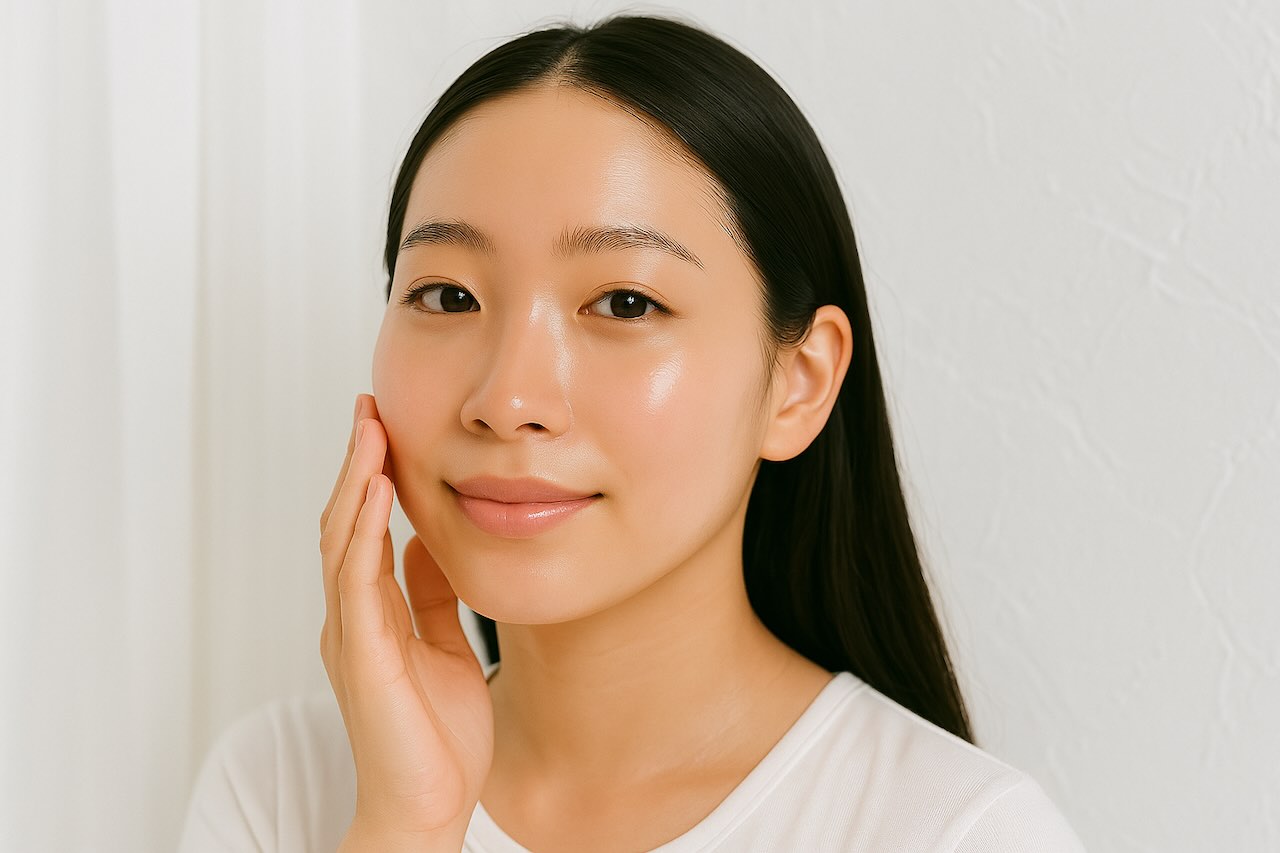 Young Asian woman with radiant glass skin smiling and touching her cheek in soft white setting