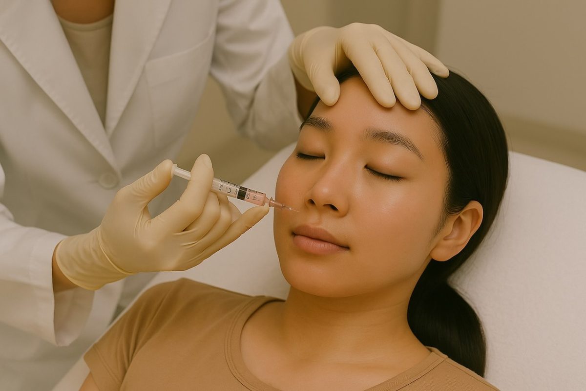 Asian woman receiving Salmon DNA injections to achieve glass skin at a dermatology clinic