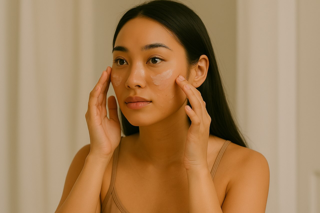 Woman applying skincare cream to cheeks for a radiant, glowing complexion