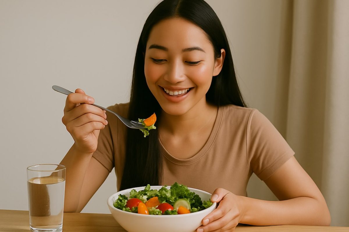 Smiling woman enjoying a fresh salad as part of her healthy glow up routine