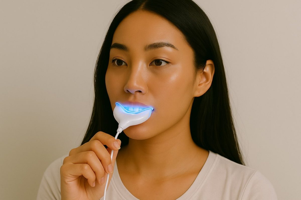 Woman using a LED teeth whitening device for a brighter smile glow up