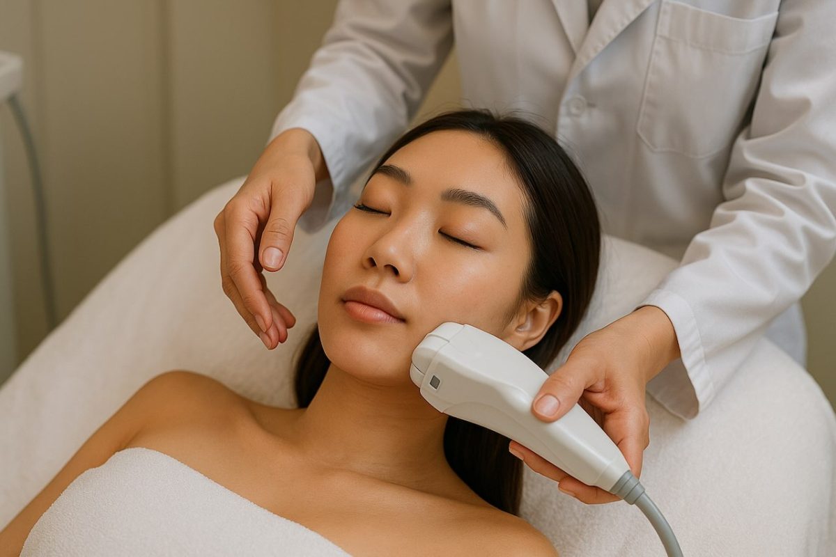 Dermatologist performing HIFU treatment on woman for a lifted, youthful glow.