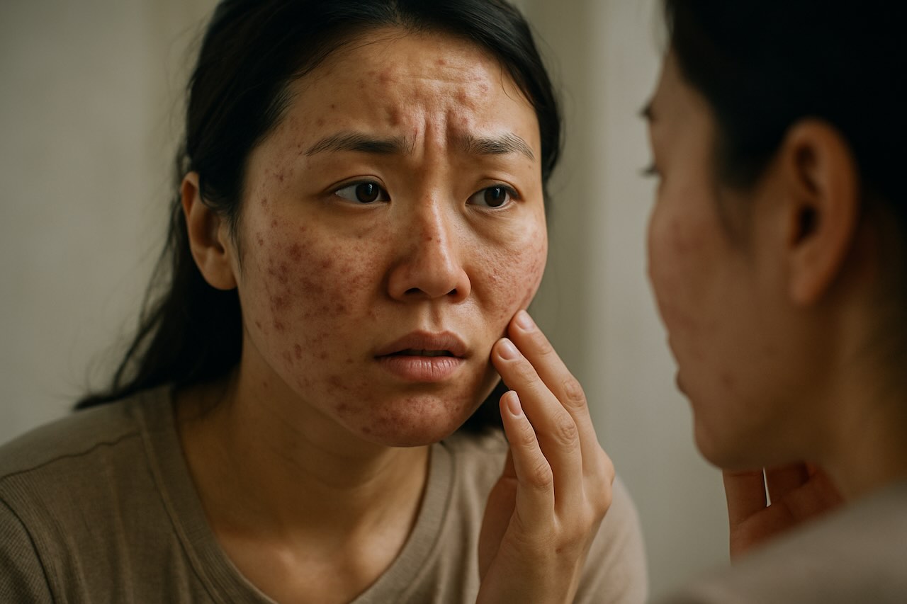 Woman examining severe acne and acne scars on her face in the mirror with a concerned expression
