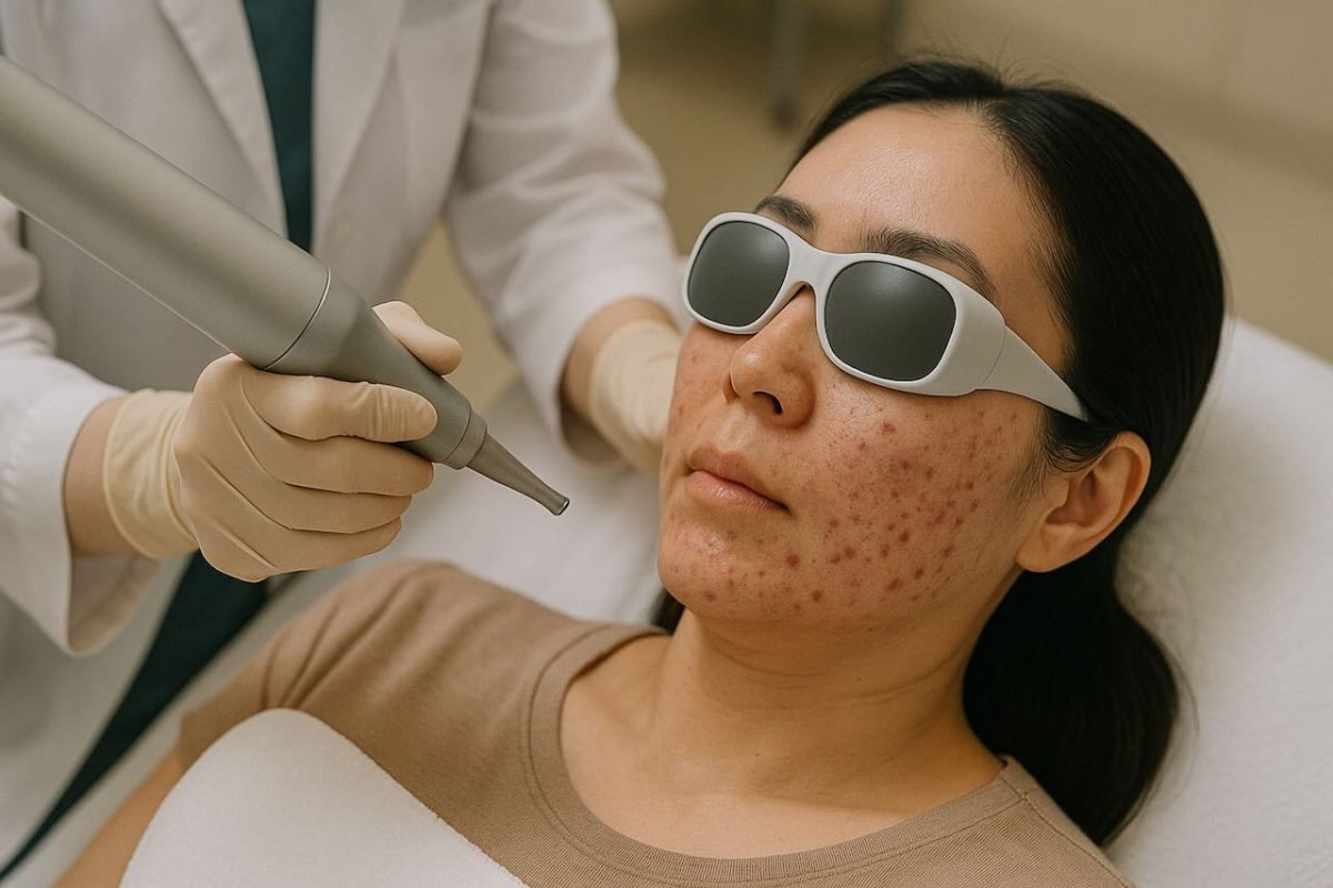 Woman receiving Pico Laser treatment for acne and acne scars while wearing protective eyewear at a dermatology clinic