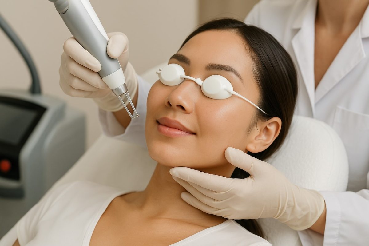 Asian woman receiving Pico Laser treatment for skin rejuvenation at a dermatology clinic