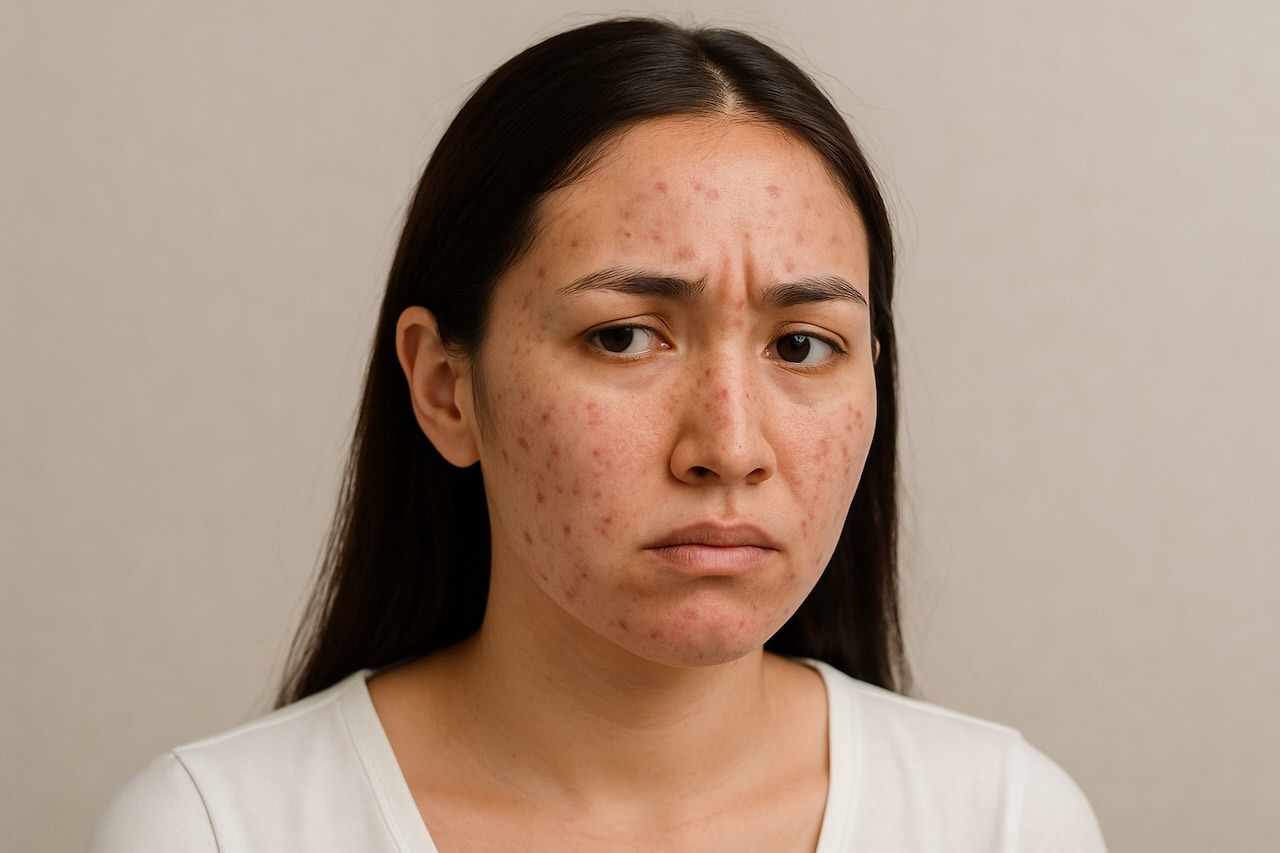 Asian woman with acne and hyperpigmentation concerns, suitable for Pico Laser treatment