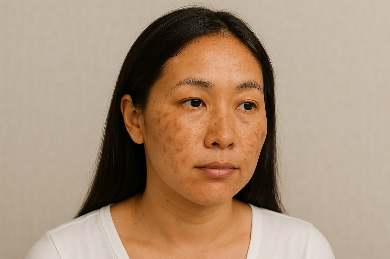 Asian woman with visible sun spots and melasma on face