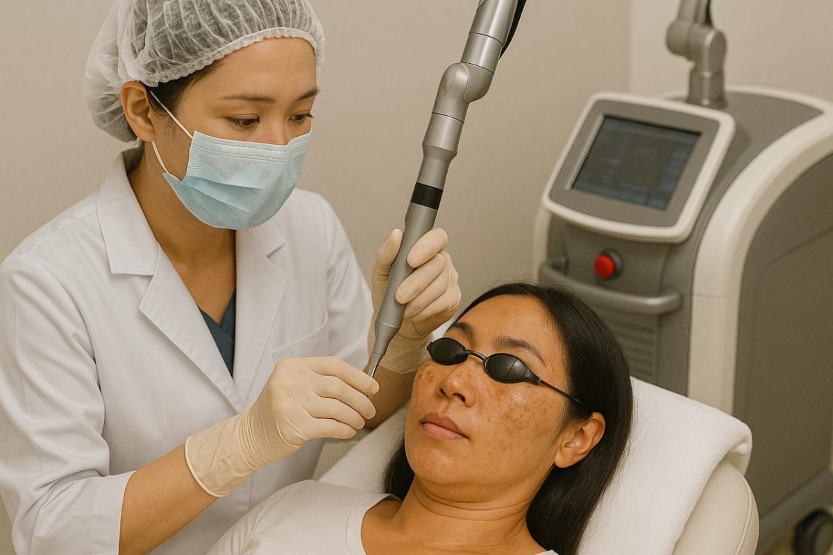 Asian woman undergoing Pico Laser for hyperpigmentation at a professional dermatology clinic