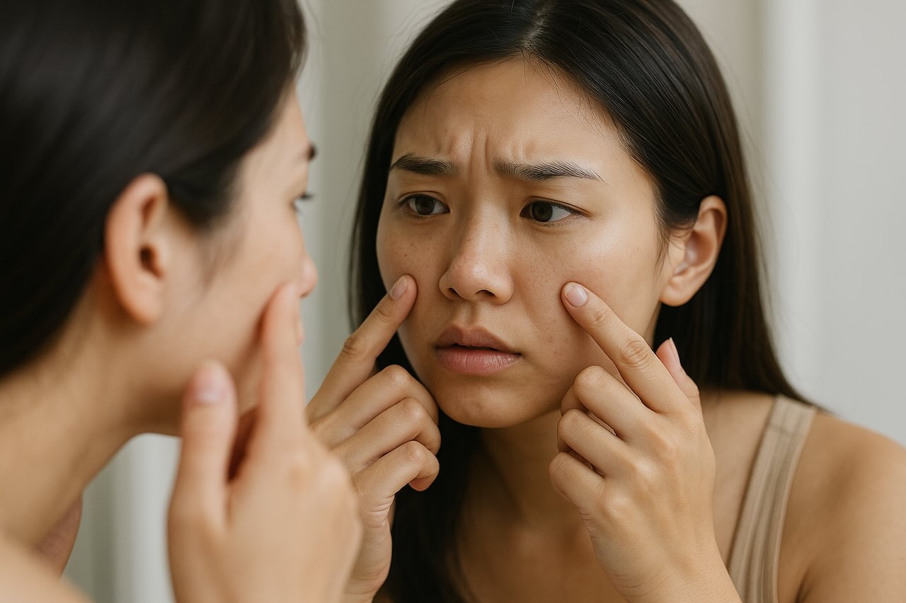 Concerned woman examining her clogged pores closely in the bathroom mirror