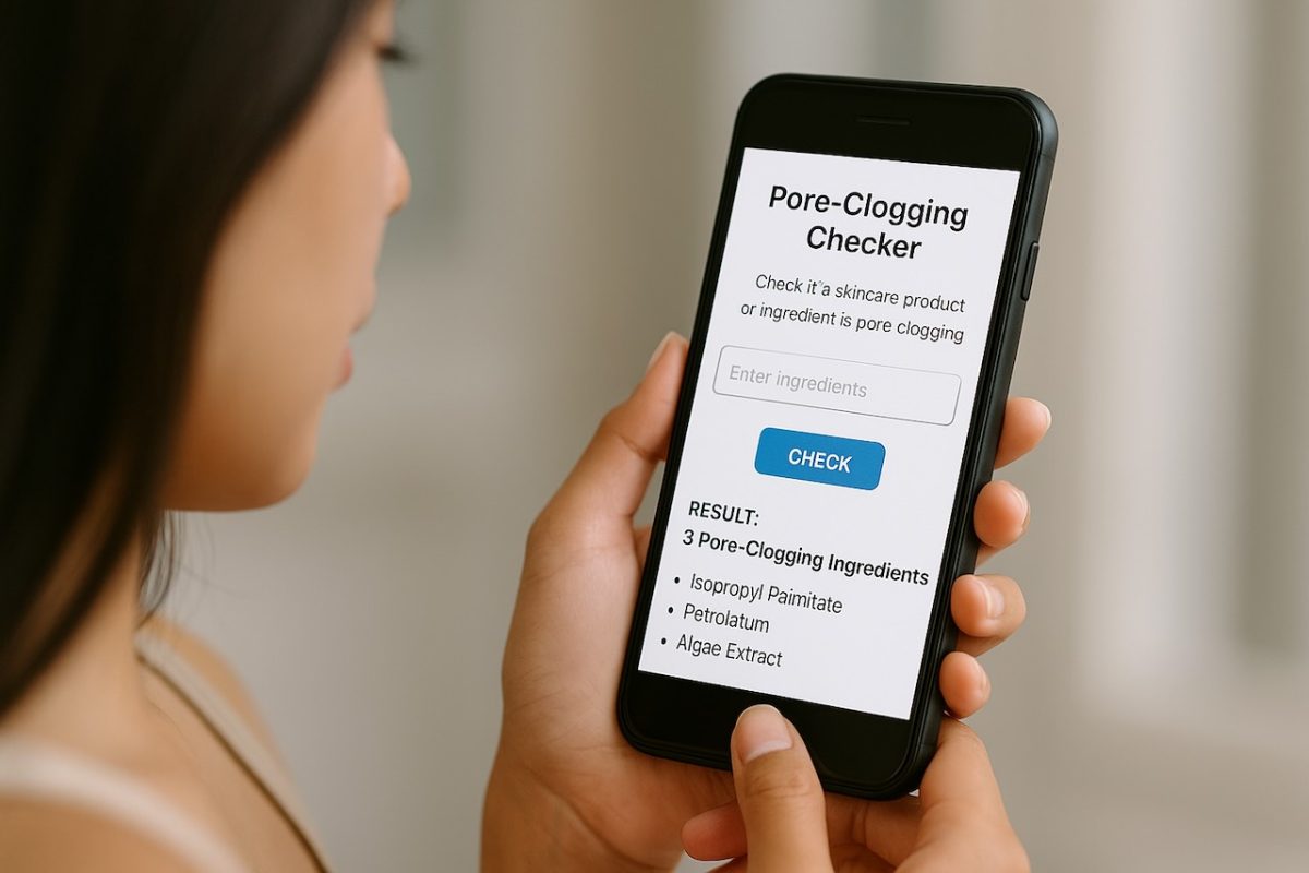 Woman using a pore-clogging checker app to review skincare ingredients