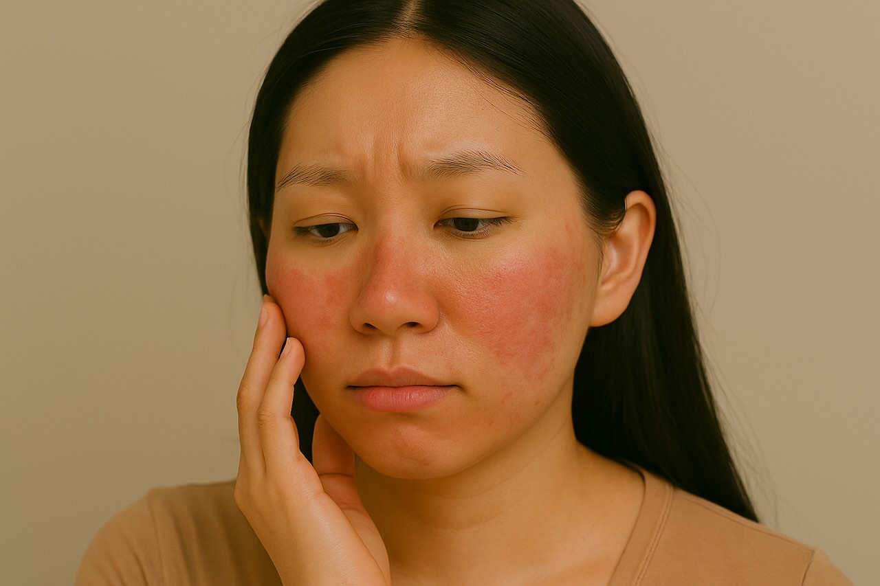 Asian woman with post-inflammatory erythema (PIE) touching red marks on her cheeks with concern