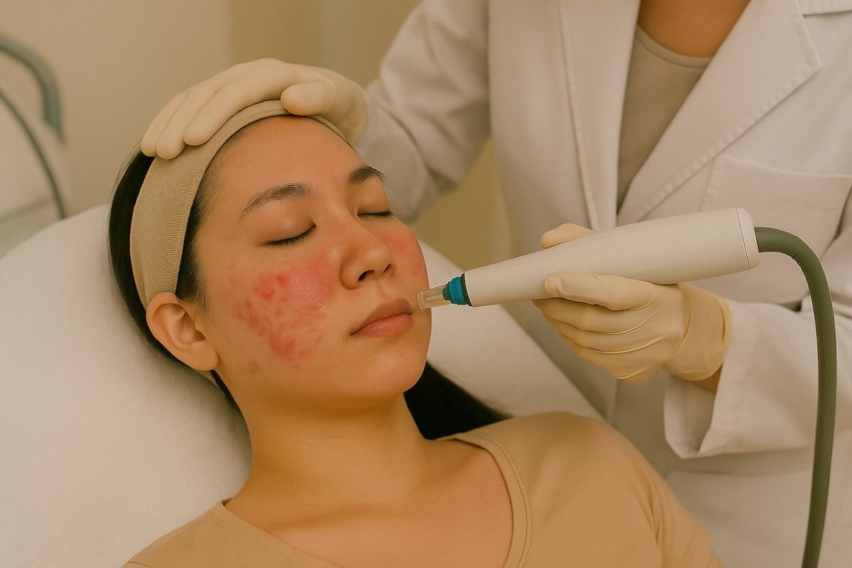Asian woman receiving HydraFacial treatment targeting PIE redness on her right cheek at skin clinic