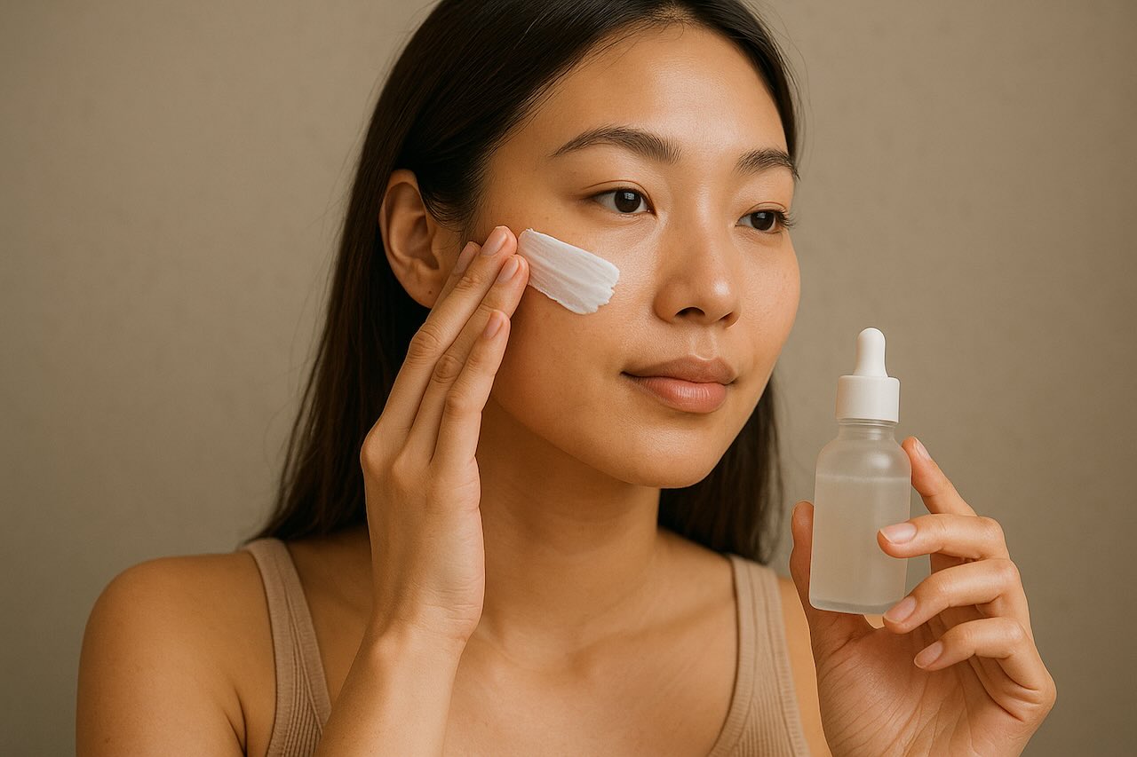 Young Asian woman applying cream to her cheek while holding a serum bottle, part of a skin cycling routine