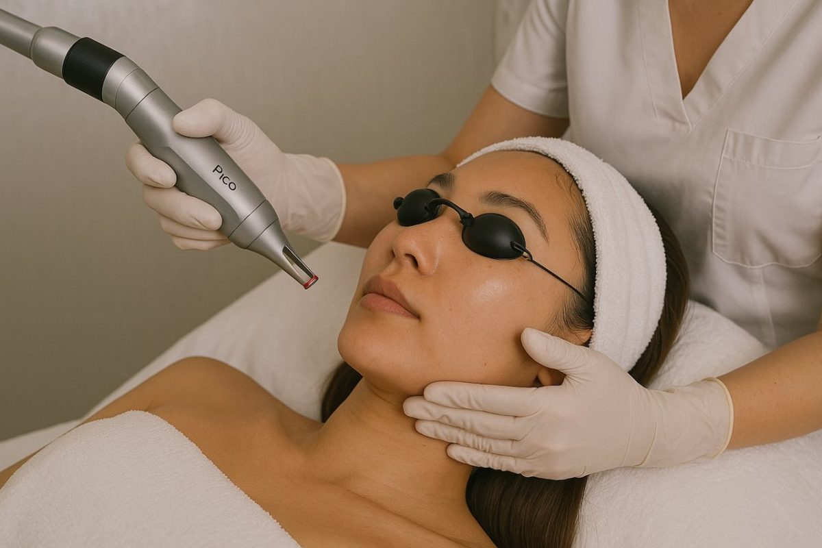 Asian woman receiving a Pico laser facial treatment at a clinic, a step in advanced skin cycling care