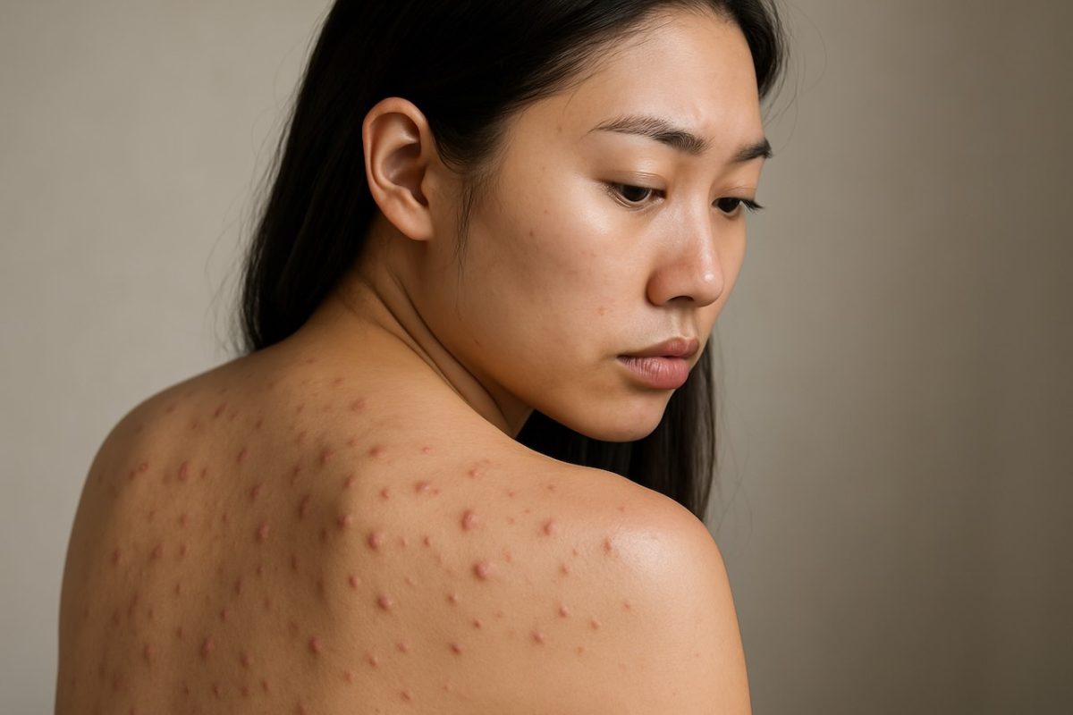 Woman with inflamed back acne looking over her shoulder.