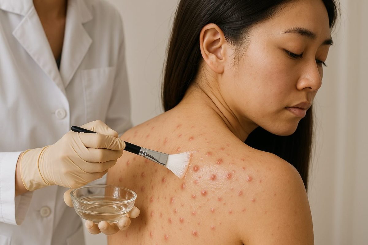 Dermatologist applying chemical peel on a patient’s back acne with a treatment brush.
