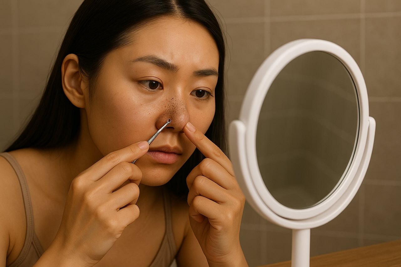 Asian woman extracting blackheads on her nose with a metal tool while looking into a vanity mirror.