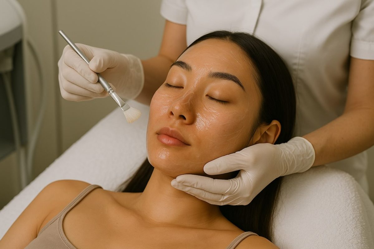 Dermatologist applying chemical peel solution on Asian woman’s face during a skincare treatment.