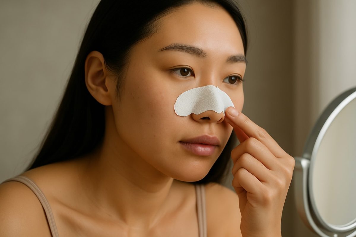 Asian woman applying a pore strip on her nose while checking her reflection in a vanity mirror.