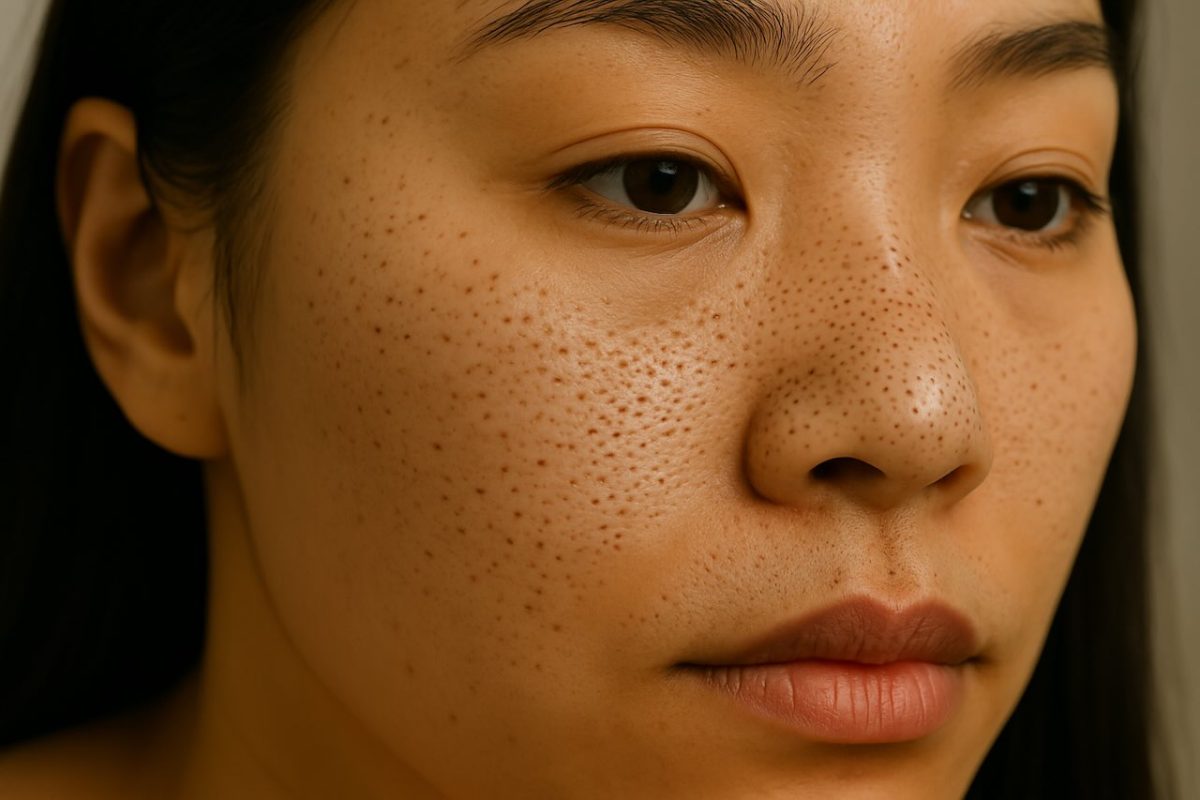 Close-up of a woman’s face showing enlarged and clogged pores on the nose and cheeks.