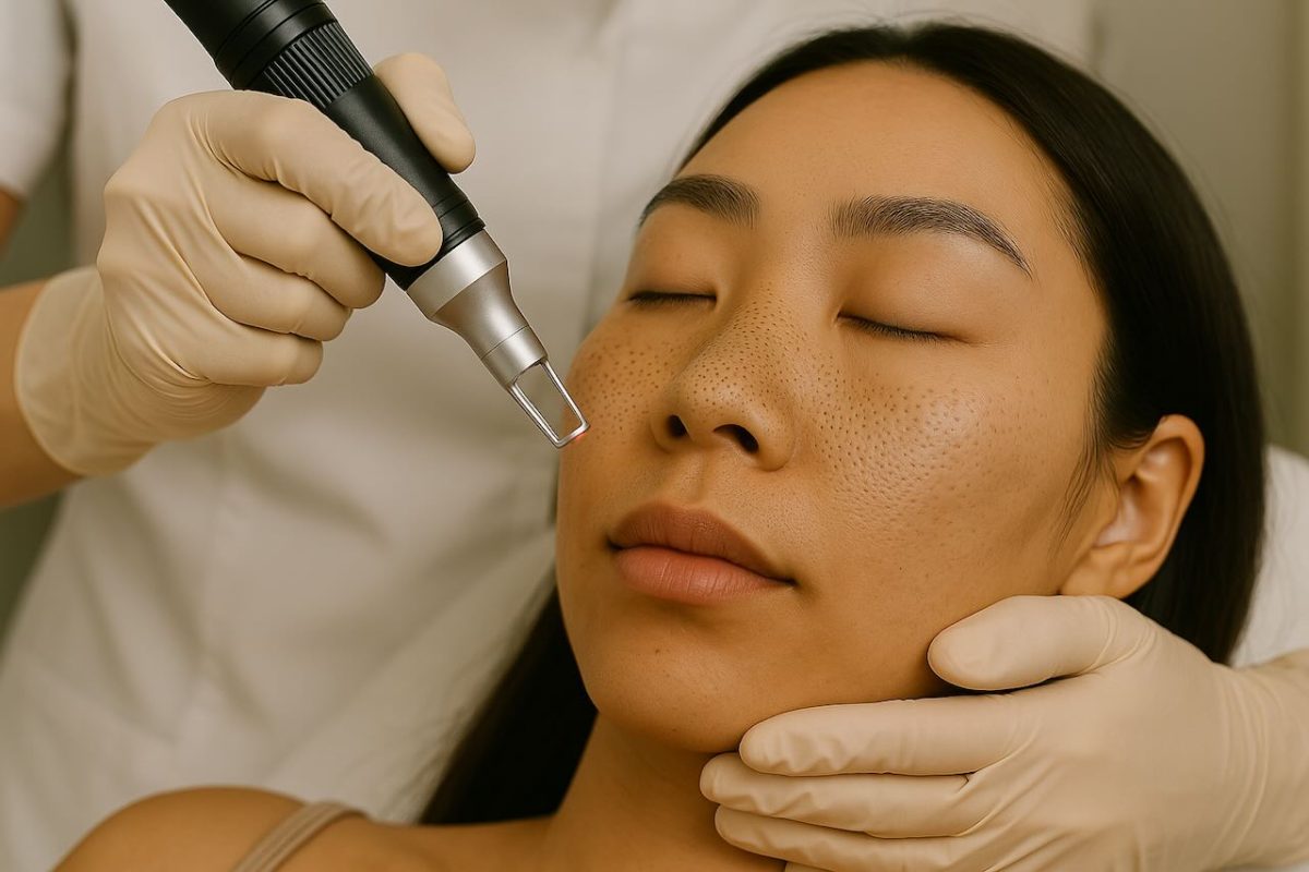 Dermatologist performing laser treatment on a woman’s face to reduce clogged and enlarged pores.