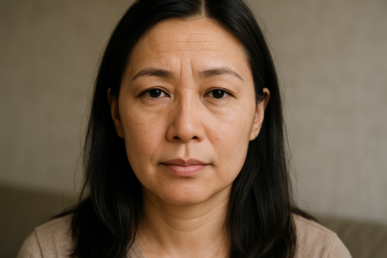 Mature asian woman with visible frown lines on her forehead