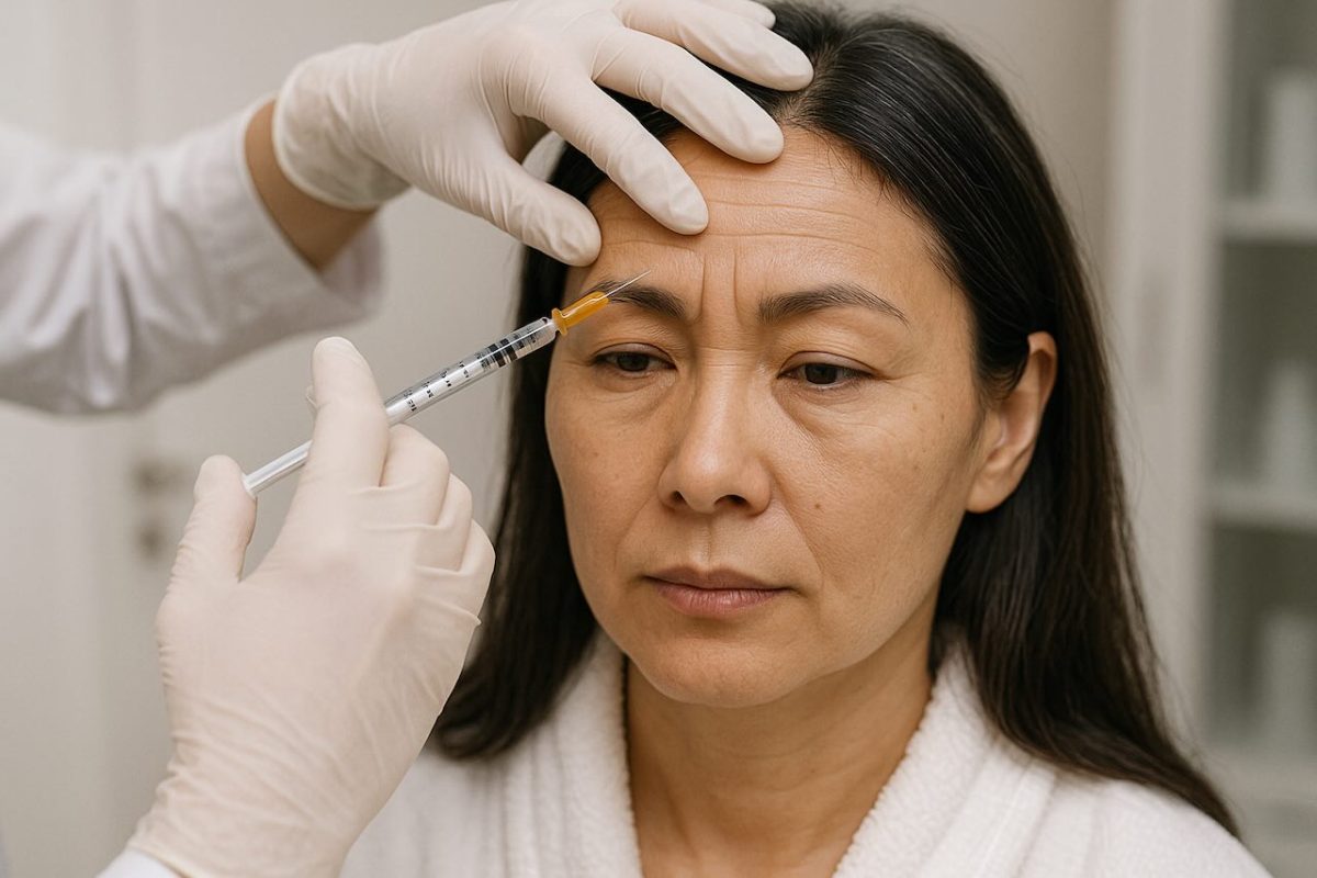 Asian woman receiving Botox injections to reduce the appearance of frown lines