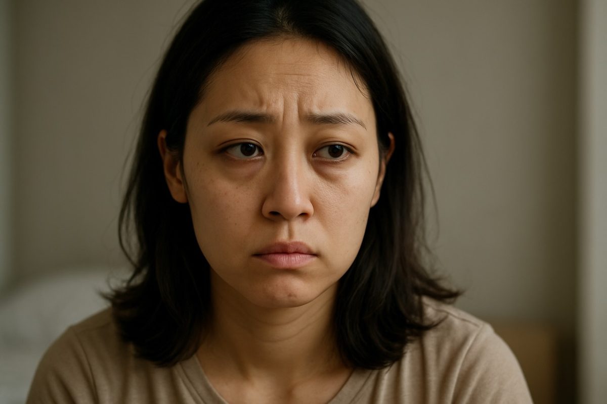 Woman with tired expression showing visible under-eye bags.