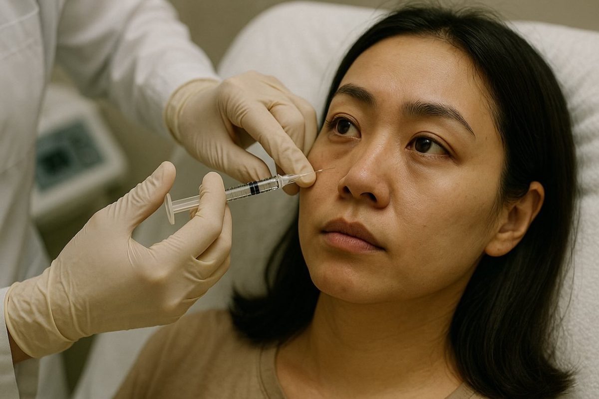 Patient receiving under-eye filler injection from a dermatologist wearing gloves.