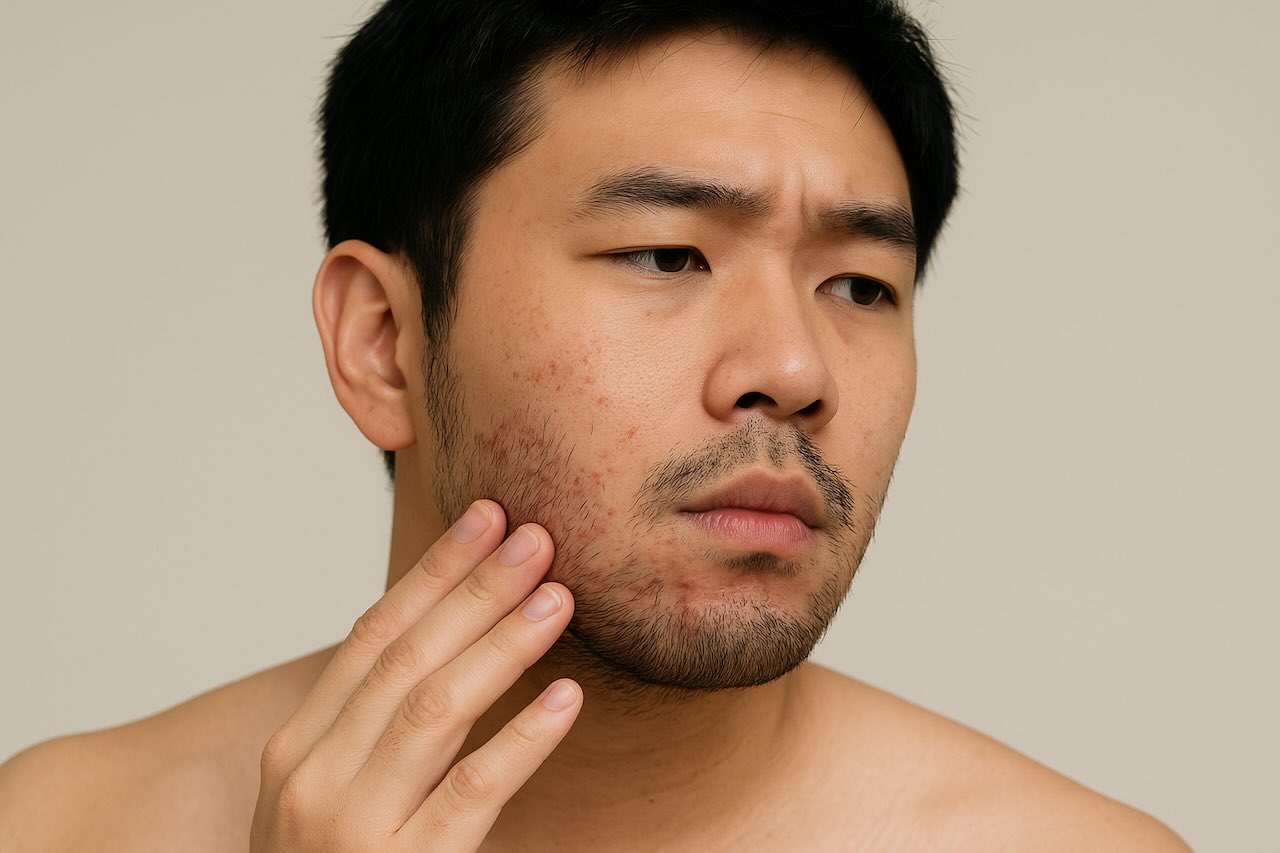 Young Asian man with ingrown hairs and razor bumps on his beard area, touching face with concern