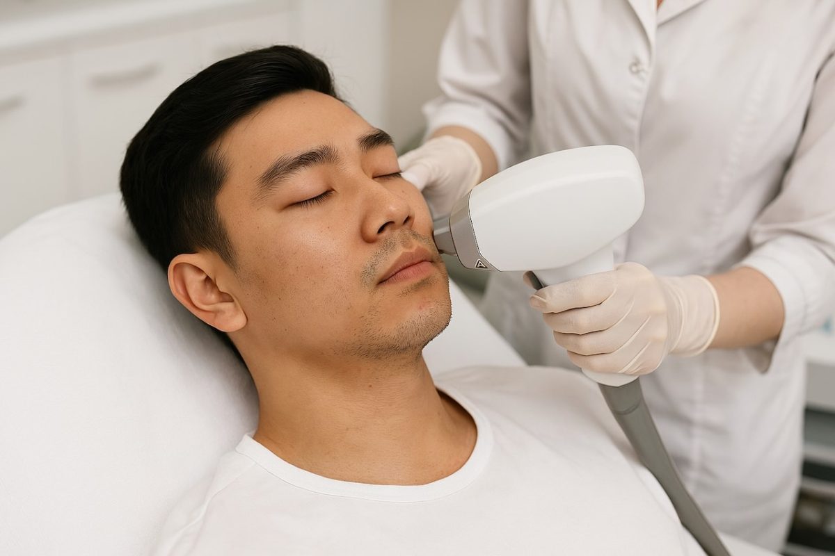 Asian man receiving facial laser hair removal at a dermatology clinic, eyes closed during treatment.