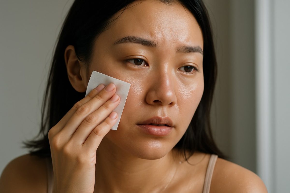 Woman using blotting paper to reduce shine and manage oily skin on her face.