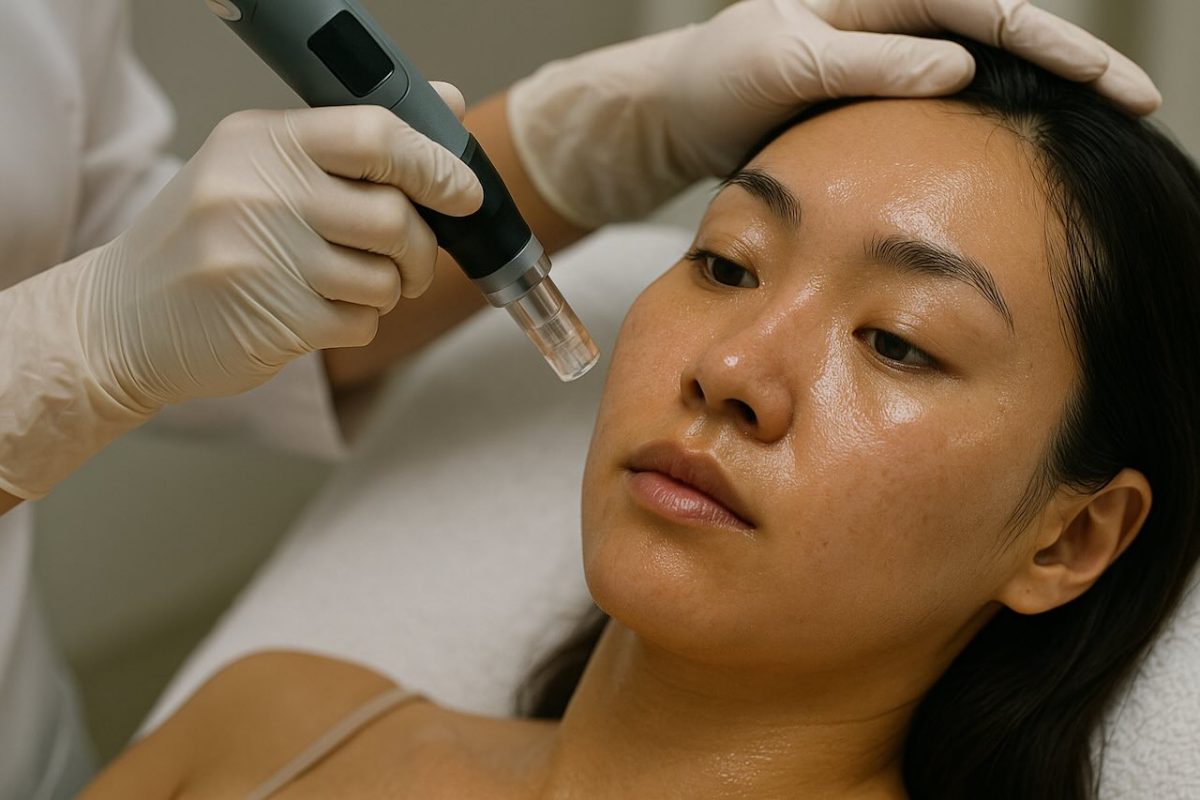 Dermatologist performing a professional skin treatment on a woman with oily skin.