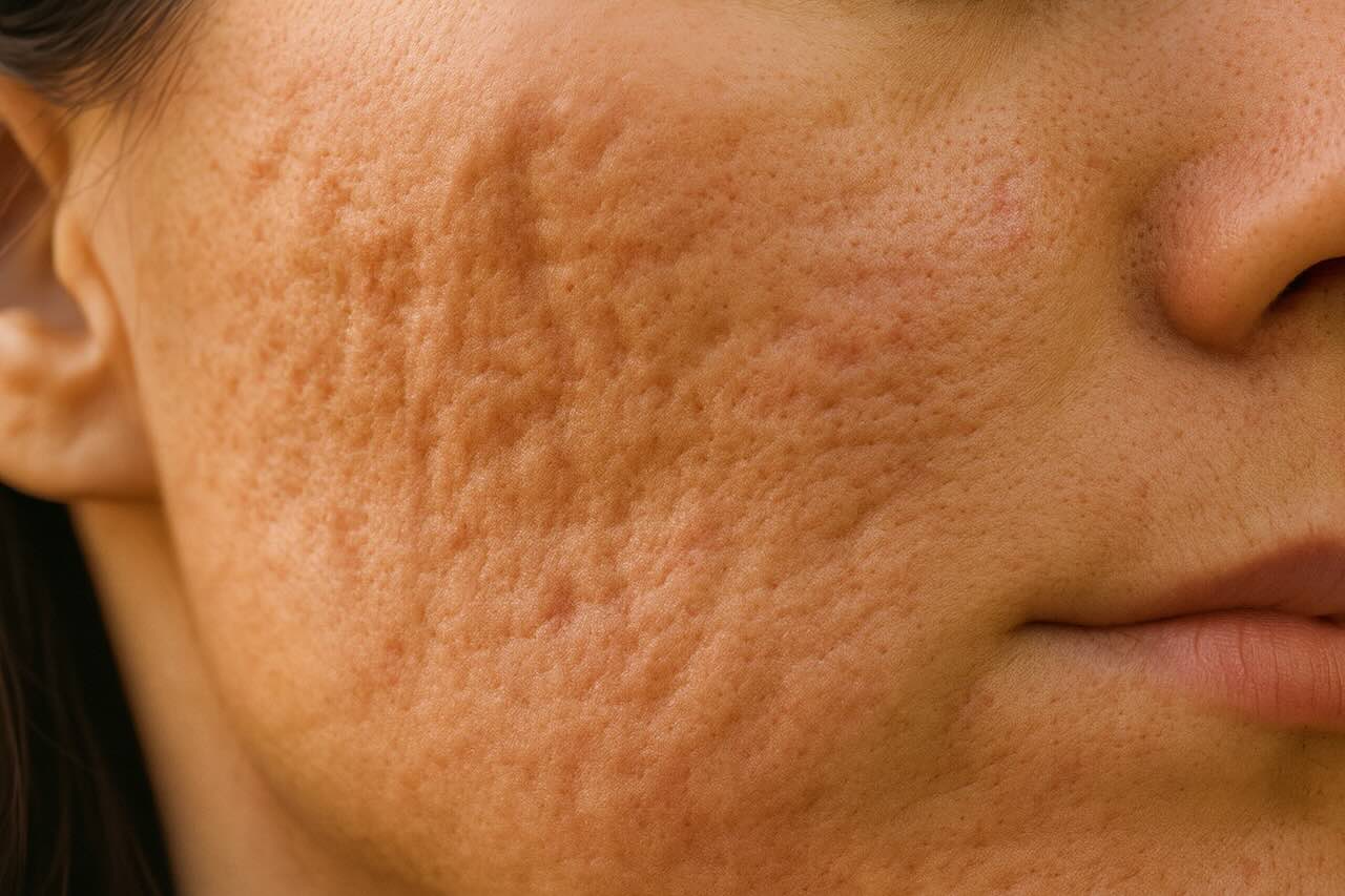 Close-up of acne scars and pockmarks on a person’s cheek with visible skin texture.