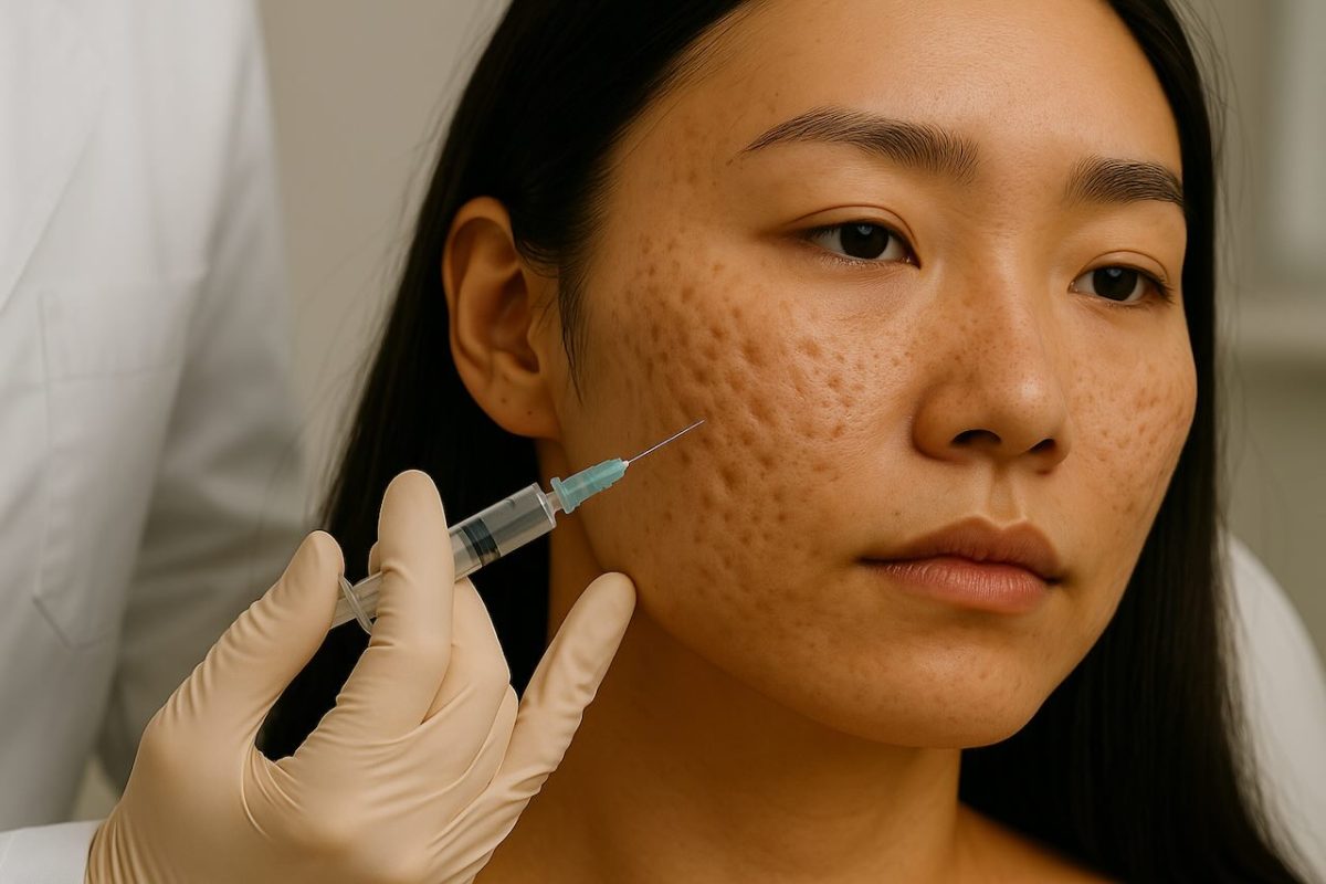 Dermatologist injecting treatment into Asian woman’s cheek with visible acne scars and pockmarks.