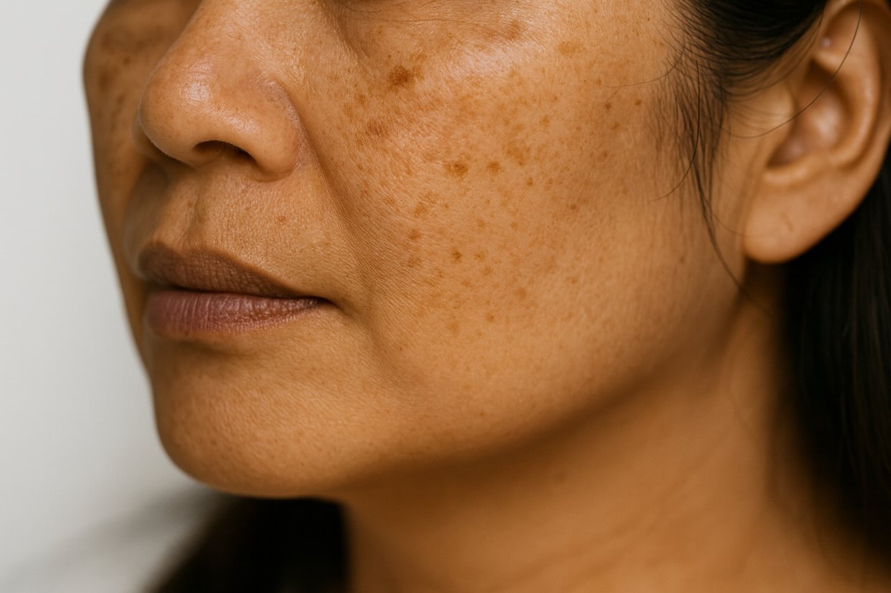 Close-up of a woman’s cheek showing dark patches and post-inflammatory hyperpigmentation.