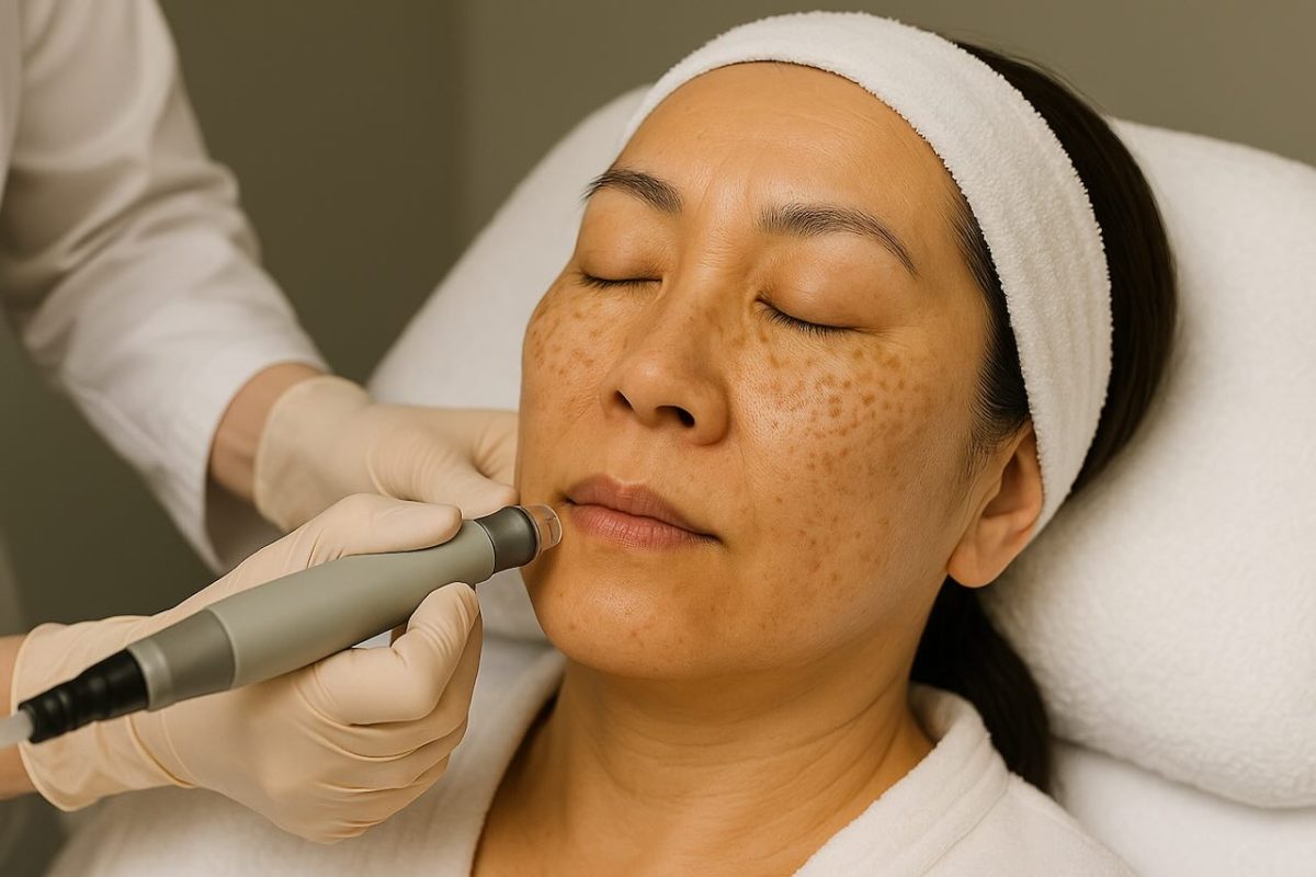 Woman receiving a dermapen microneedling treatment for hyperpigmentation at a dermatology clinic.