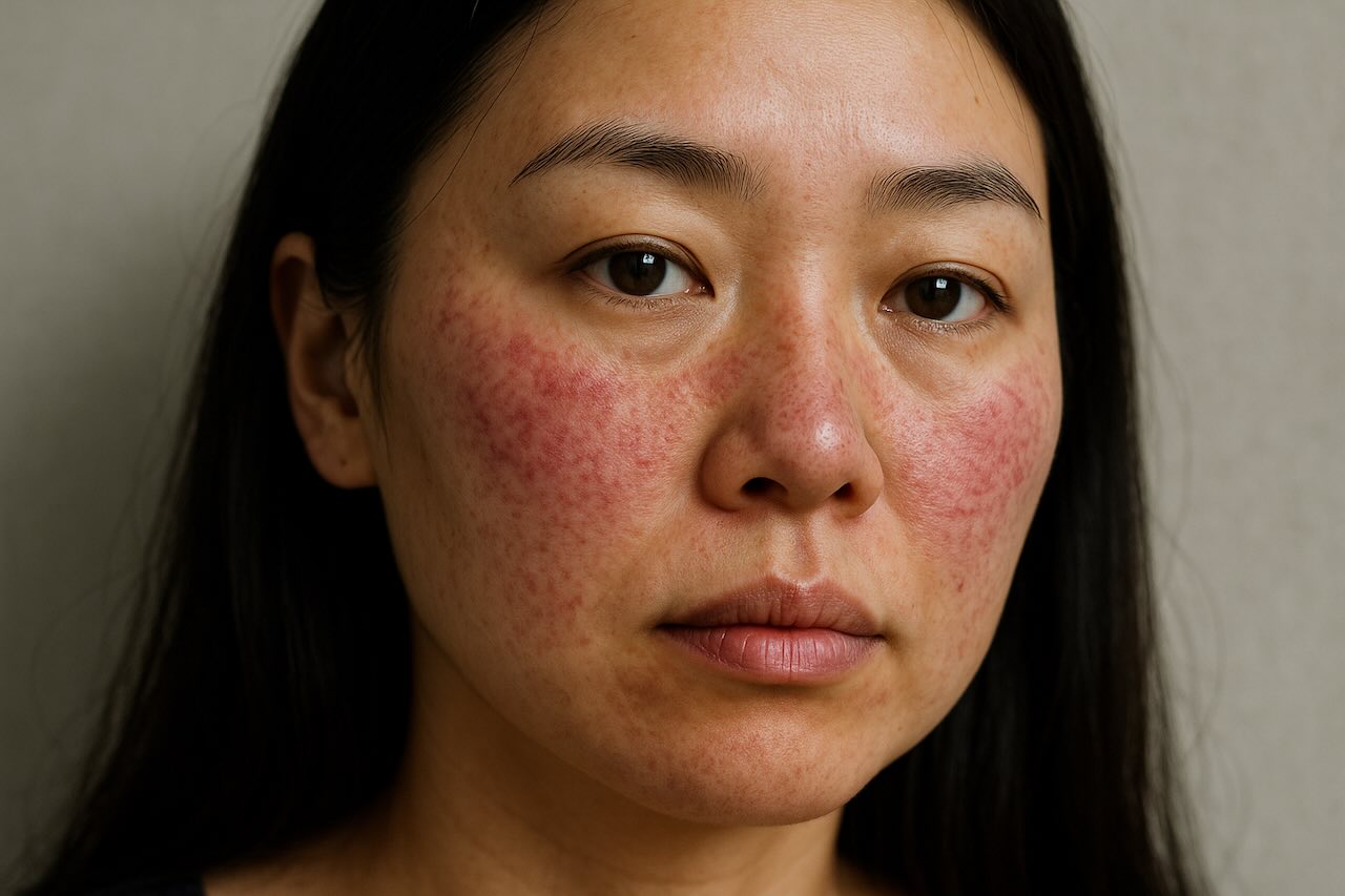 Close-up of Asian woman with rosacea showing redness and visible irritation on cheeks and nose.