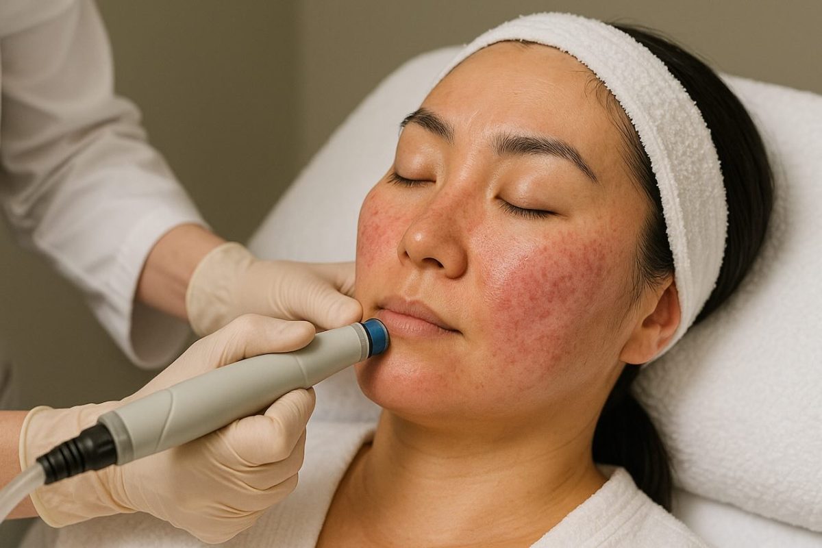 Asian woman undergoing Hydrafacial treatment at dermatology clinic to treat rosacea.