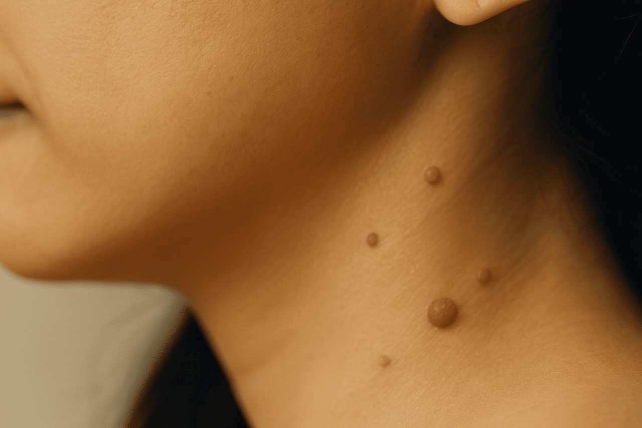 Close-up photo of skin tags on the side of an Asian woman’s neck, showing multiple small, flesh-coloured growths in natural lighting.
