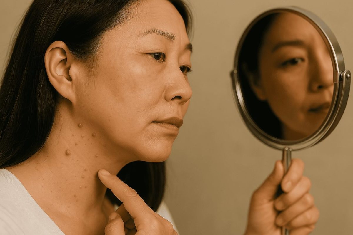 An Asian woman looking into a mirror and pointing at skin tags on her neck, captured in a realistic clinical-style photo.