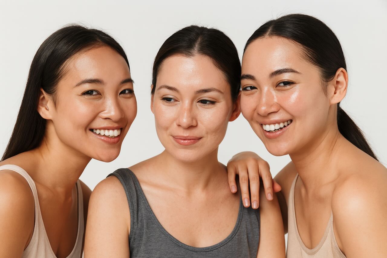 Three women smiling together, showing different healthy skin types and natural complexions.