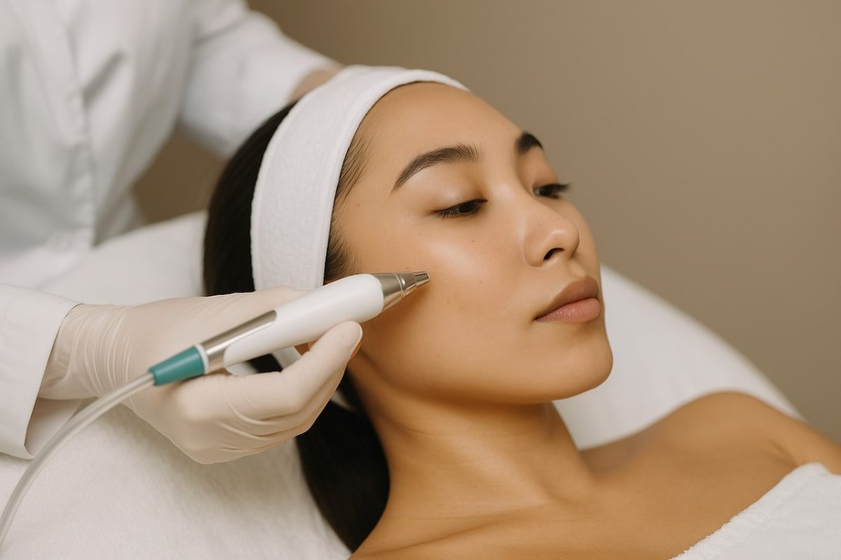 Woman receiving oxyfacial treatment at dermatology clinic.