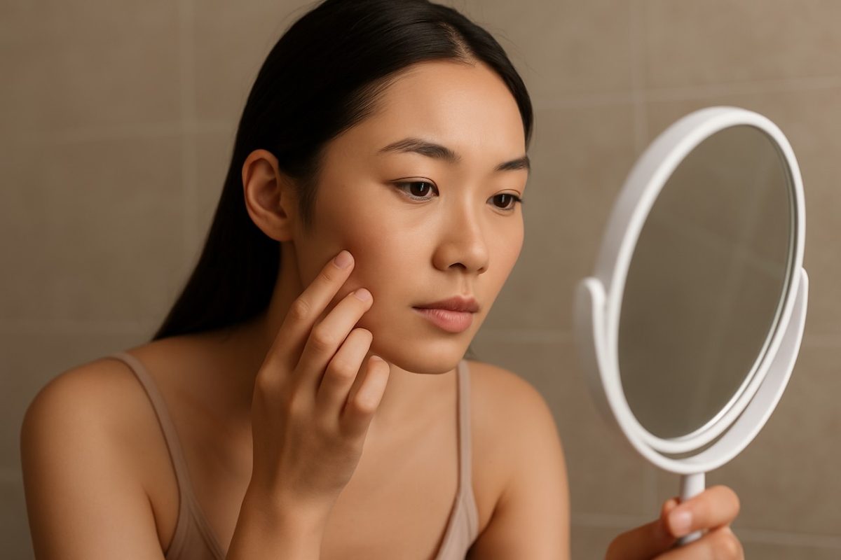 Woman examining her face in a mirror, checking skin closely for imperfections or changes.